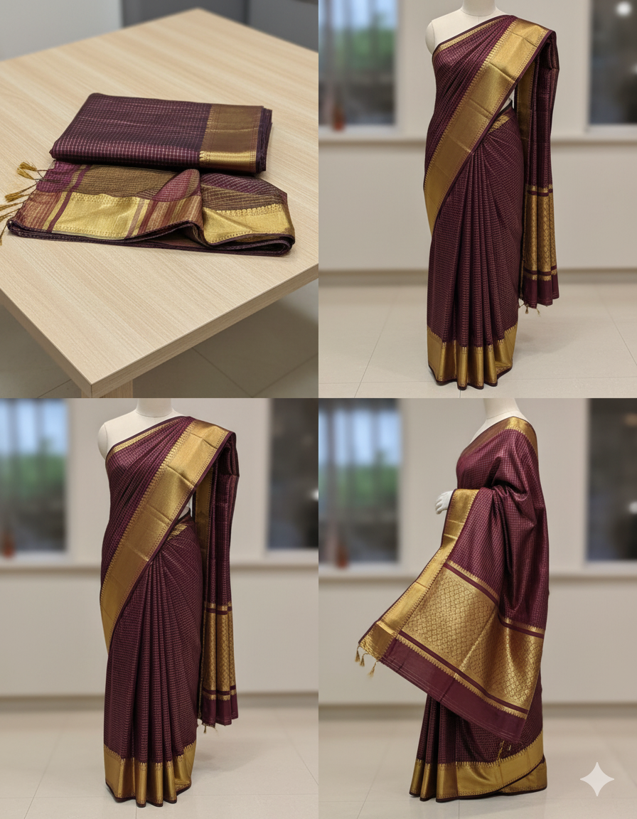 Elegant Maroon Kanjivaram Silk Saree with Rich Gold Zari Border – Traditional Wedding & Festive Wear